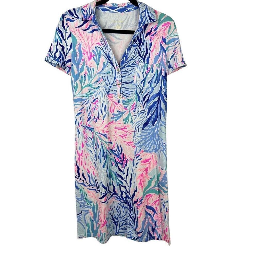 Lilly Pulitzer Sadie Polo Shirt Dress V-Neck Blue Tint Kaleidoscope Stretch Size